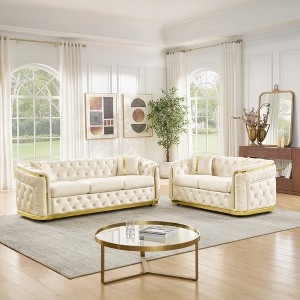 Sofa Set Burnt Orange Velvet Chesterfield Button Tufted Gold Base
