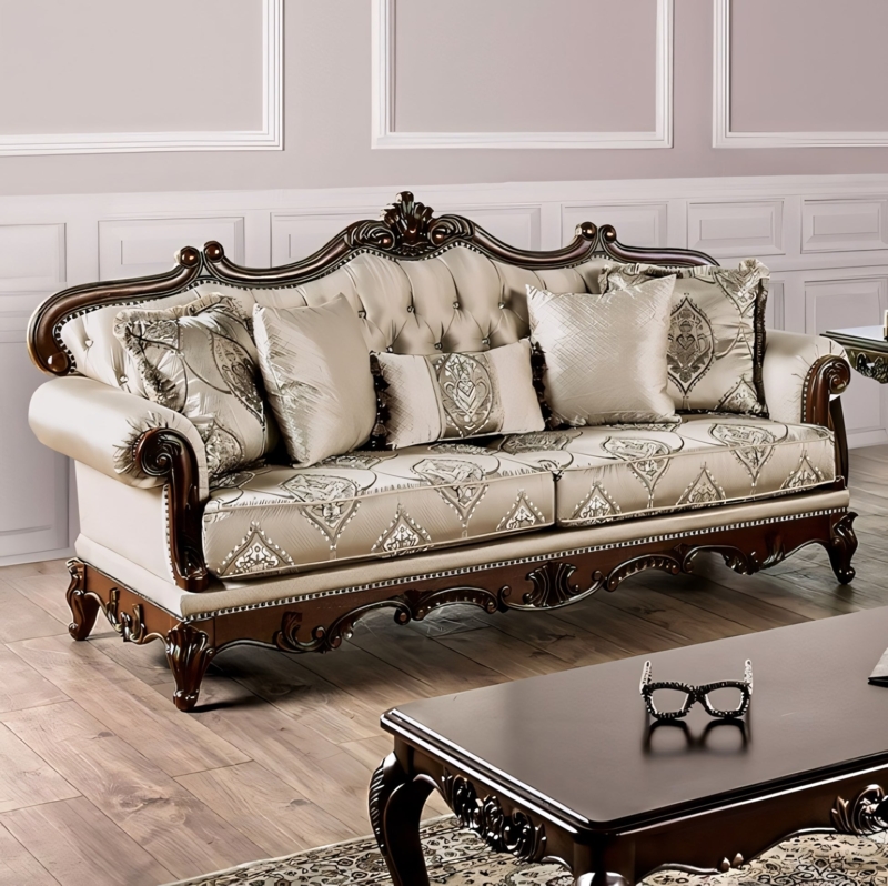 Sofa Set Dark Cherry Finish Ornate Carved Trim Traditional Seating