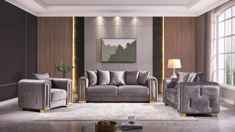 Sofa Set Gray Velvet Silver Cabriole Legs All-Over Tufting