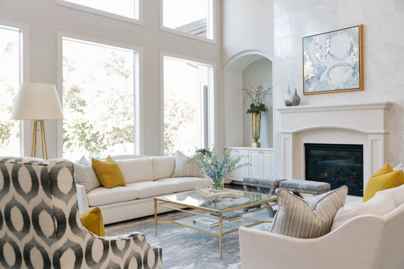 Sofa Set White Symmetrical Arrangement Vaulted Ceiling