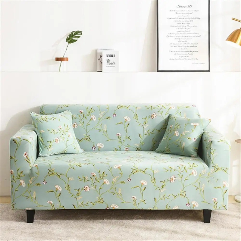 Sofa Slipcover Stretch Light Green Large Scale Floral Form Fitting