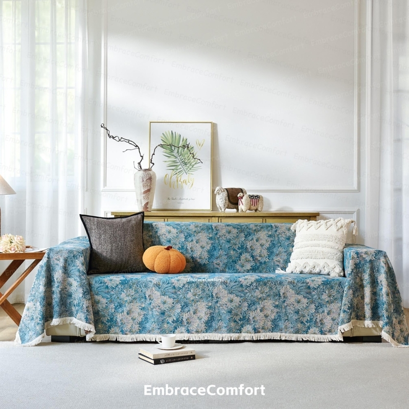Sofa Slipcover Throw Blue Floral Tapestry Fringe Trim Vintage Style