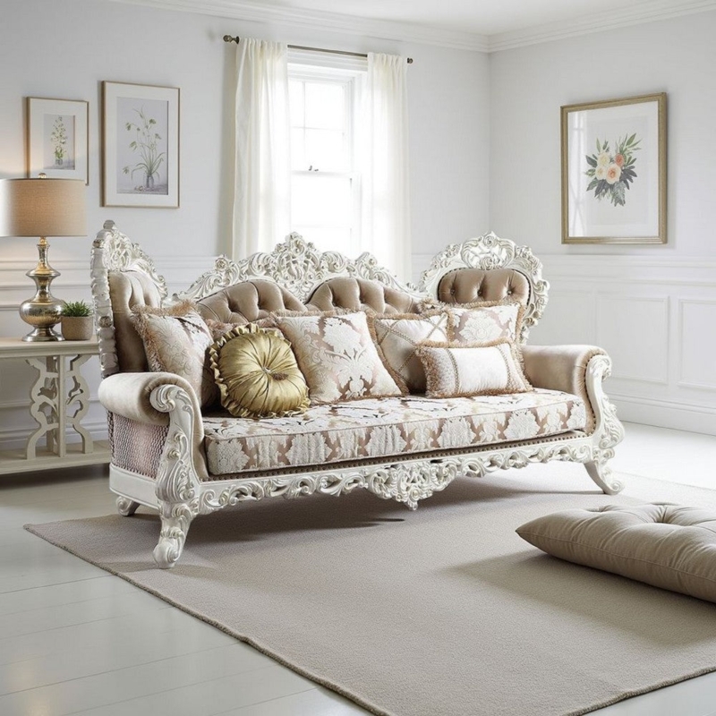 Sofa Tan Antique White Carved Frame Ornate Traditional Design