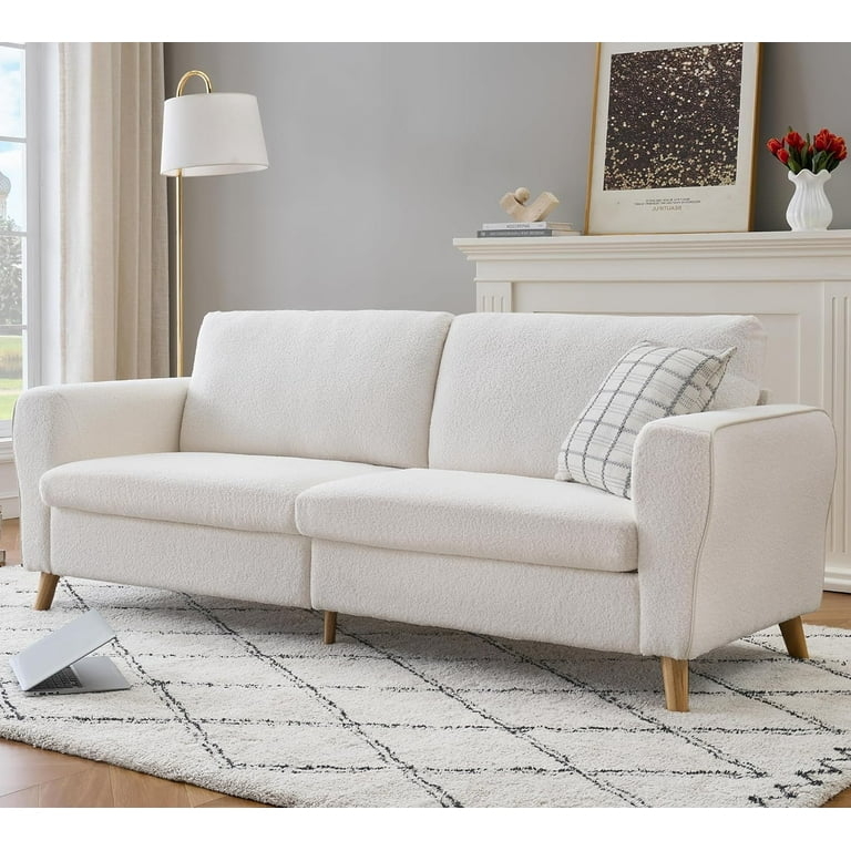 Sofa with Boucle Texture Off-White Wood Legs Minimalist Cream Loveseat