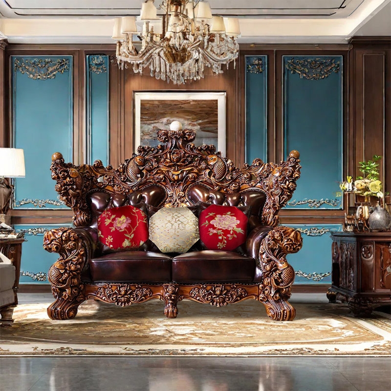 Sofa with Ornate Hand Carving, Floral Tapestry, and Rolled Arms