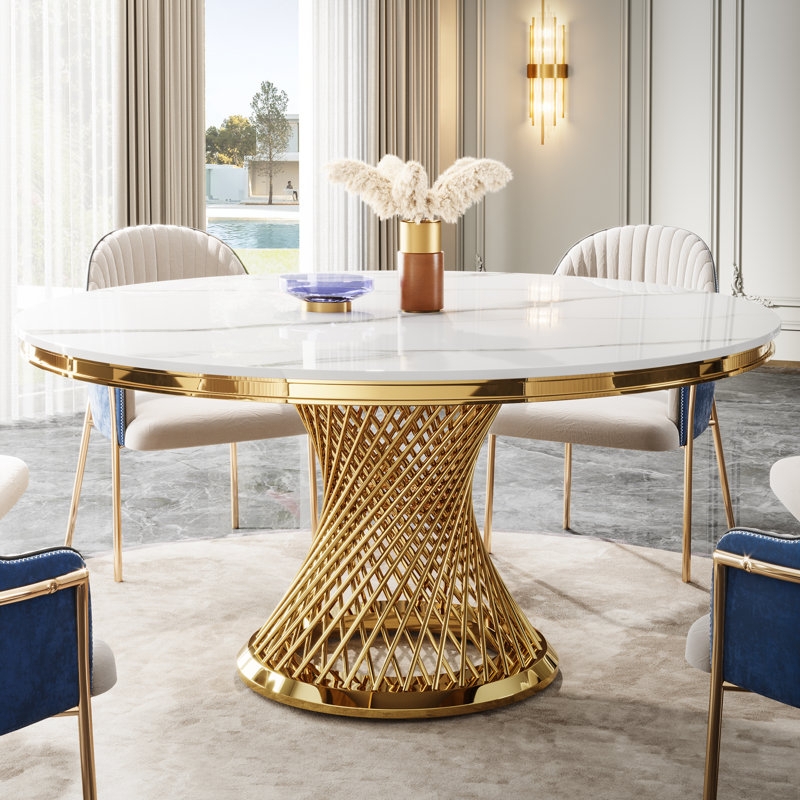 Sophisticated Dining Table Round Stone Top Charcoal Ribbed Pedestal Base