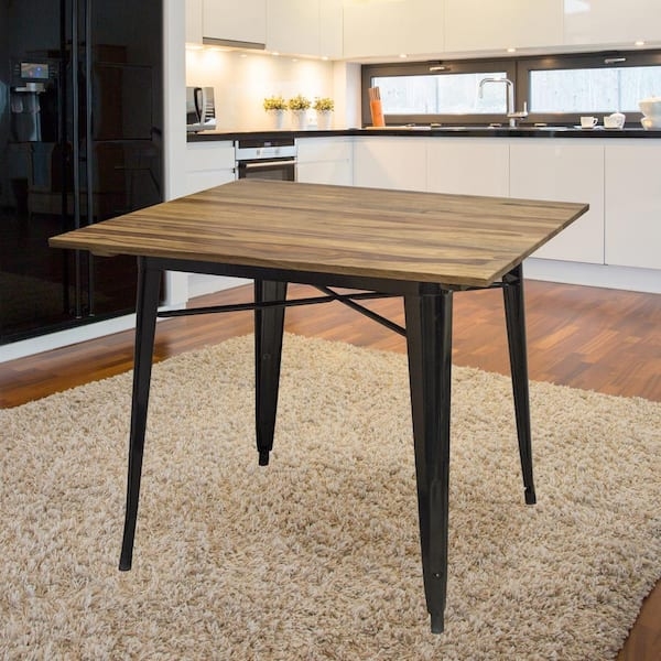 Square Dining Table Black Metal Frame Cross-Brace