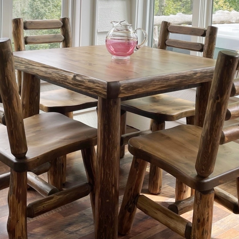 Square Dining Table Rustic Hand Peeled Log Legs Natural Finish