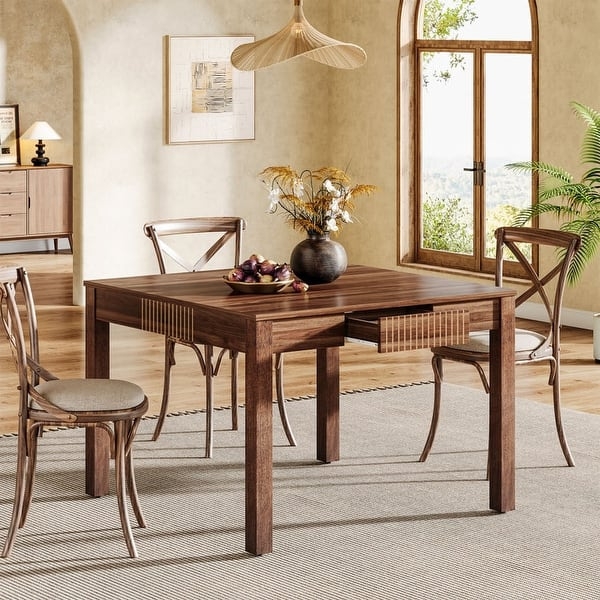 Square Dining Table Wood Four Storage Drawers Transitional Kitchen