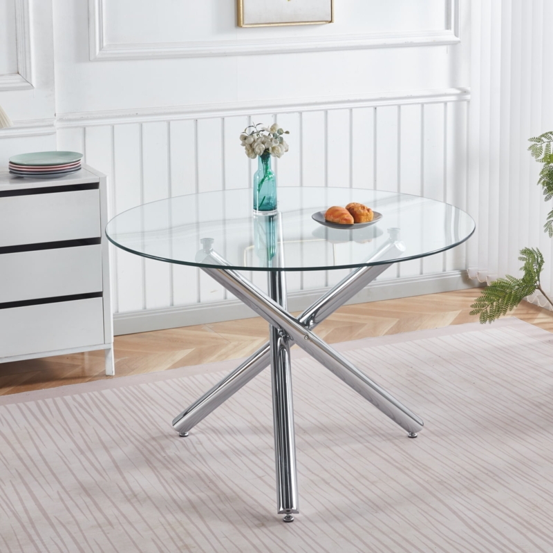 Square Glass Dining Table with Minimalist Chrome Cross-Base Legs