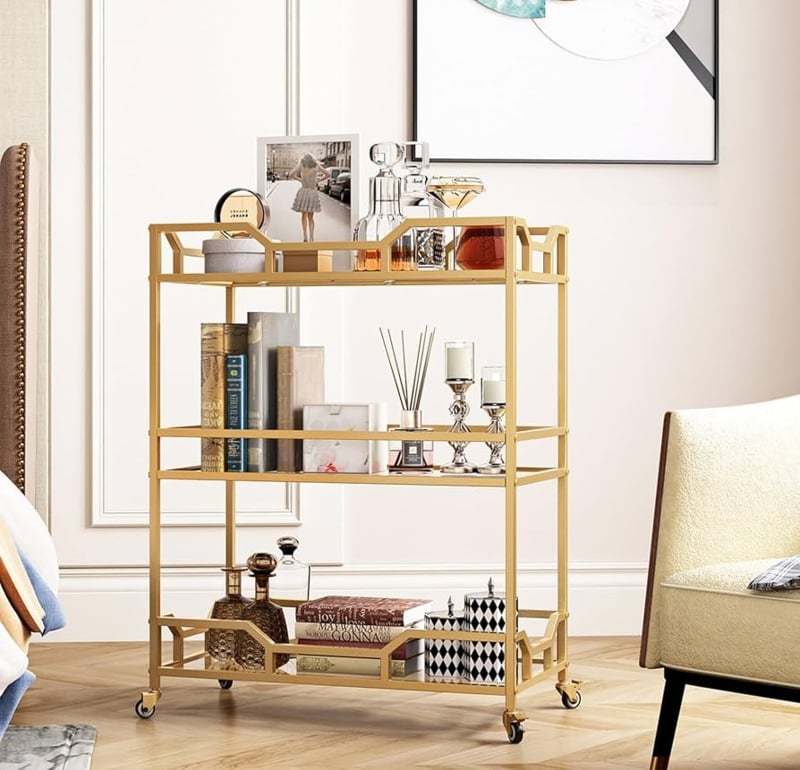 Square Gold 3 Tier Bar Cart with Glass Shelves and Bottle Holder