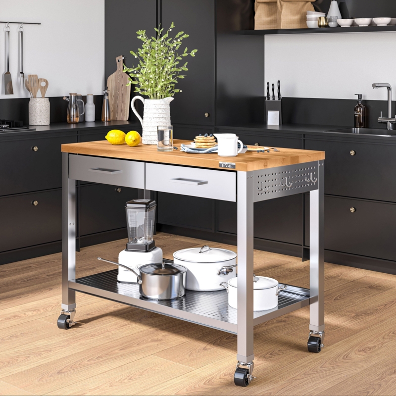 Stainless Steel Kitchen Cart with Solid Wood Top and Frame