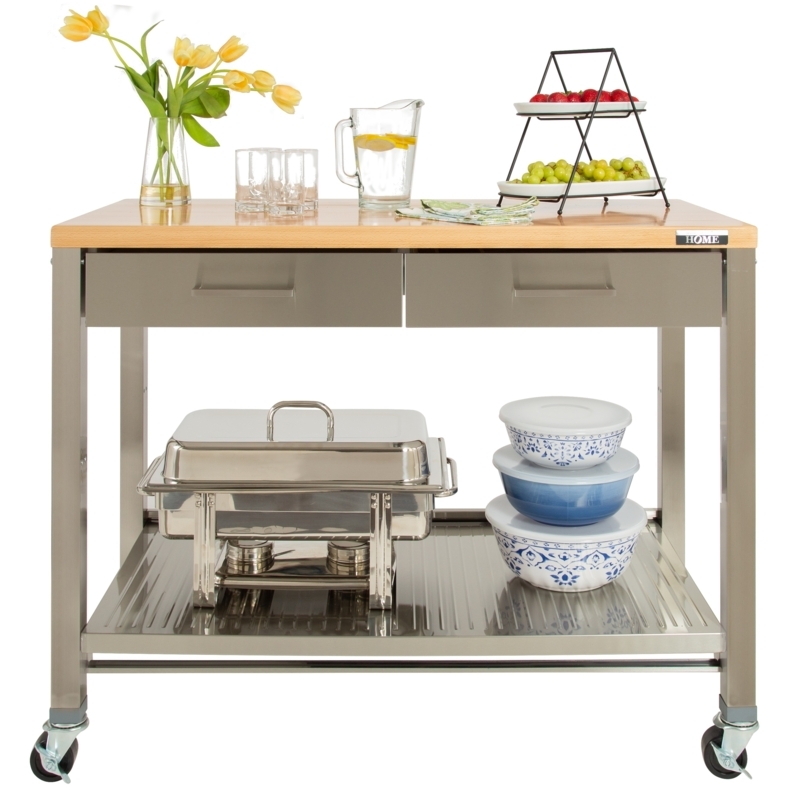 Stainless Steel Mobile Workcenter with Solid Wood Top and Drawers