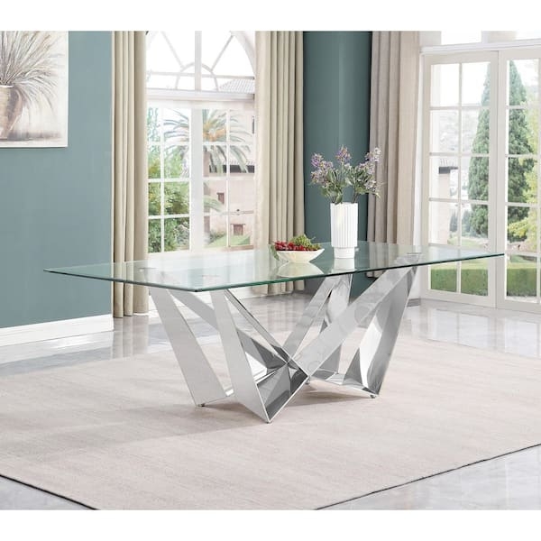 Stainless Steel Pedestal Dining Table Glass Top Tufted Silver Chairs