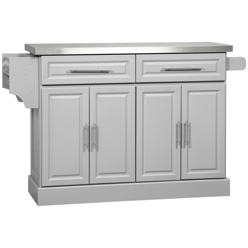 Stainless Steel Top Kitchen Island with Glass Doors and Rolling Casters.
