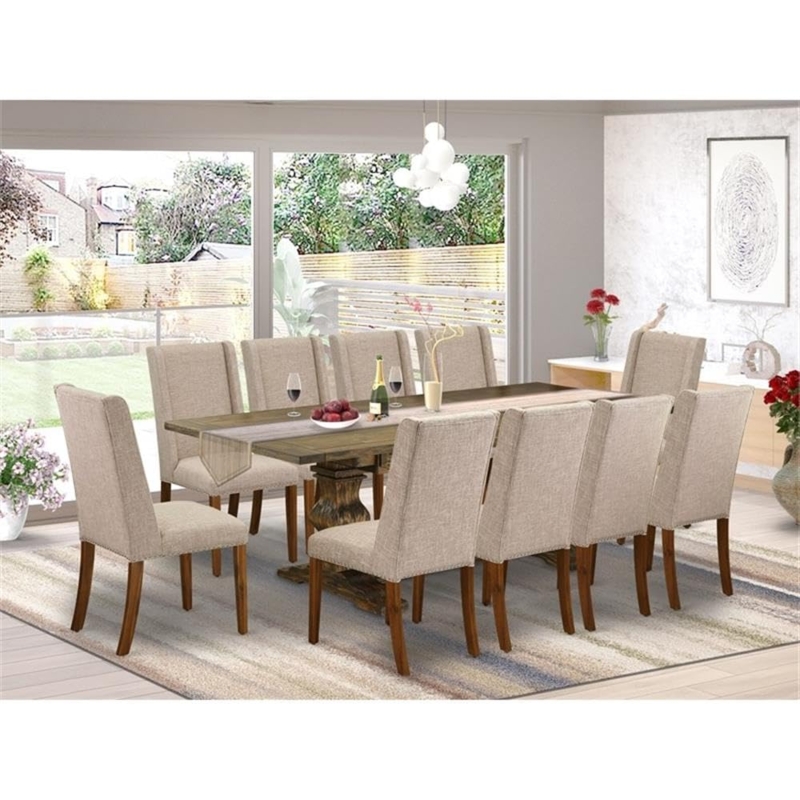 Stately Dining Set with Jacobean Finish and High-Back Parsons Chairs