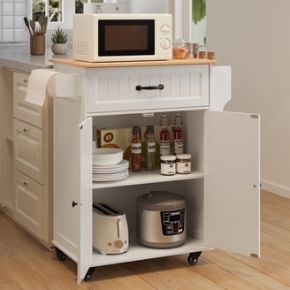 Stationary White Kitchen Island Prep Table with Open Slatted Shelves