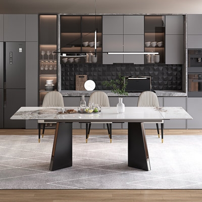 Stone-Like Marbled Top Dining Table with Geometric Black Metal Base
