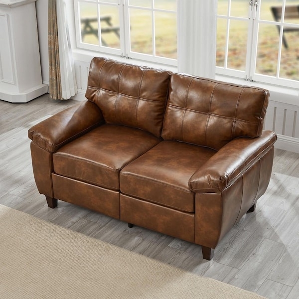 Storage Loveseat in Brown Faux Leather with Pillow Top Arms