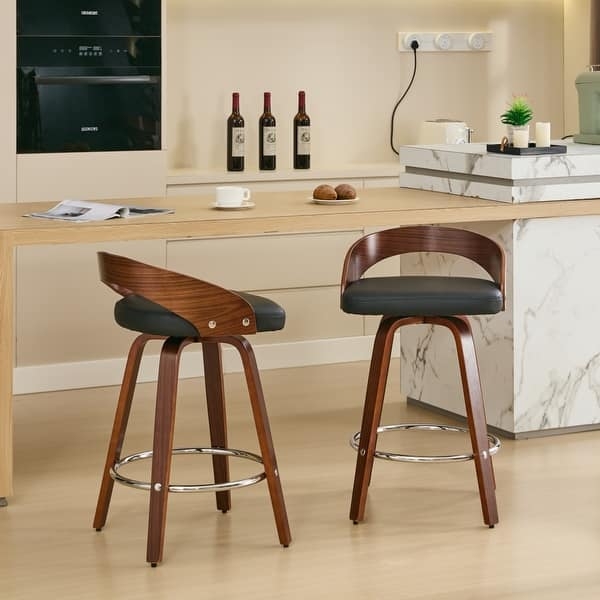 Swivel Bar Stool Low Back Curved Wood Frame Black Leather Modern
