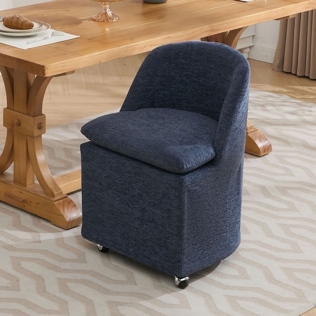 Swivel Dining Chair Blue Chenille Caster Base 360 Degree Modern