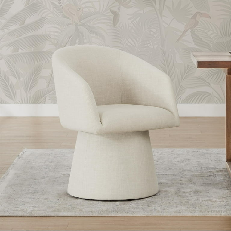 Swivel Dining Chair, Linen Off-White Fabric Barrel Back Airy Style