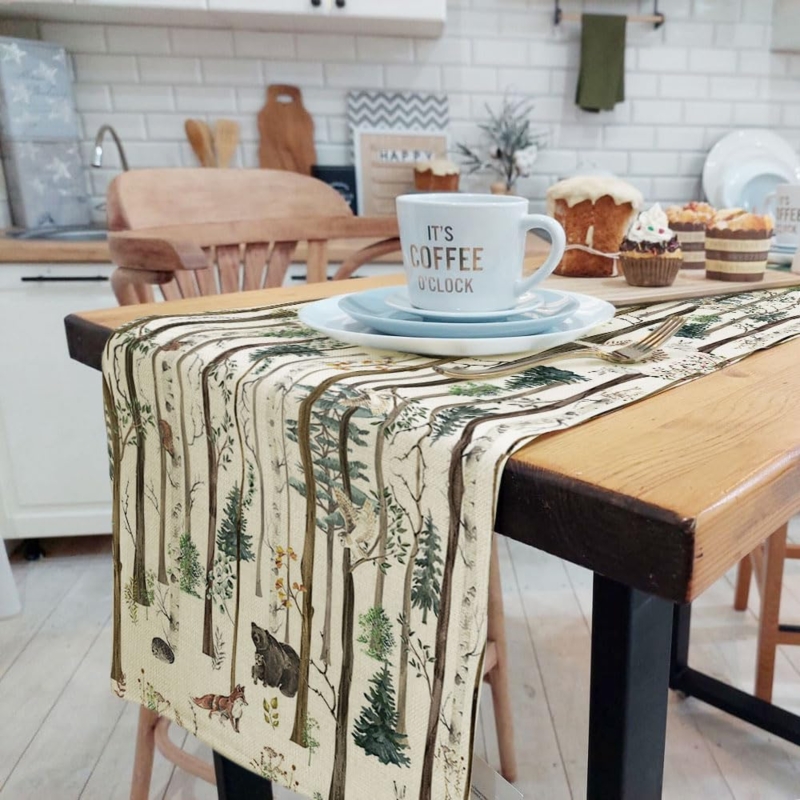 Table Runner Woodland Animal Textiles Detailed Forest Illustration