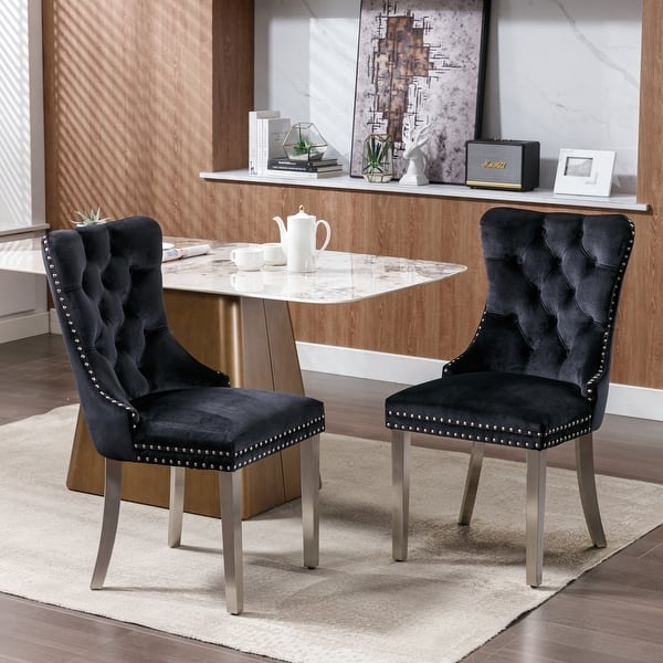 Tall Back Dining Chairs in Jet Black Upholstery with Silver Nailheads
