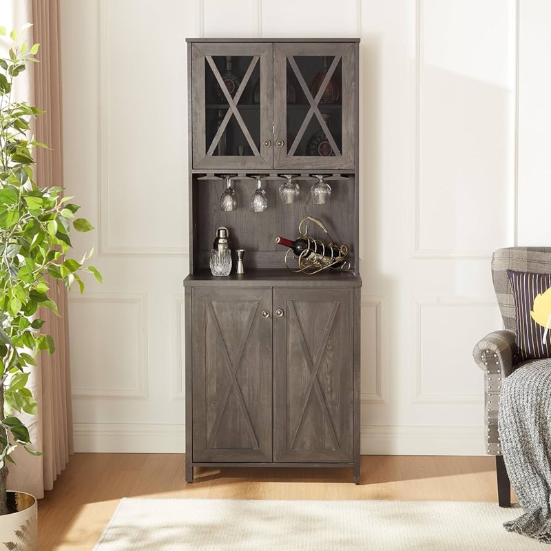 Tall Farmhouse Bar Cabinet with Wine Rack and Barn Doors