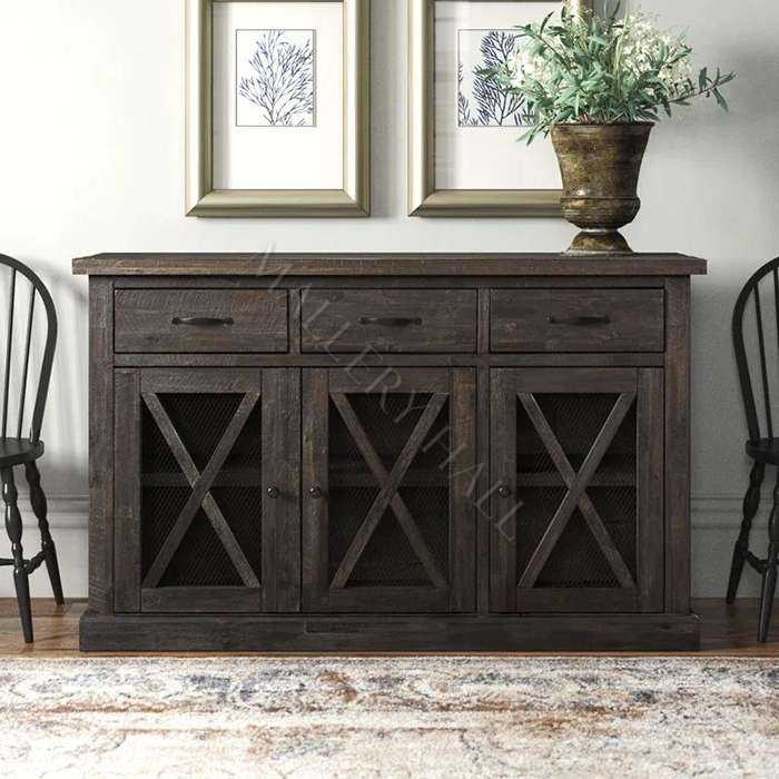 Tall Sideboard Buffet with Geometric Wood Fretwork Doors
