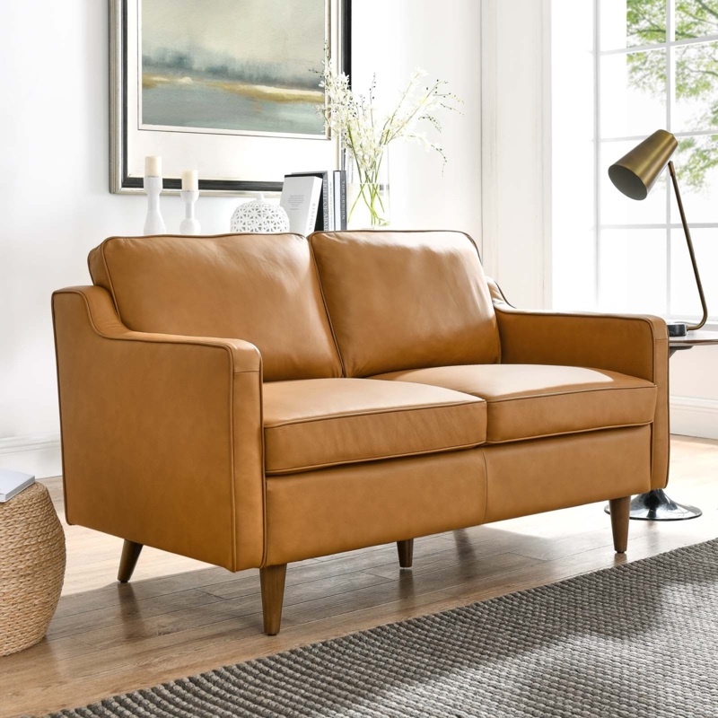 Tan Leather Loveseat with Vertical Channel Tufting, Slim Metal Base