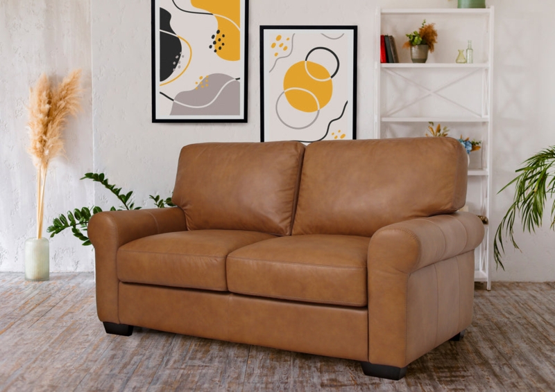 Tan Loveseat, Block Arms, Tapered Legs, Mid-Century Modern Styling