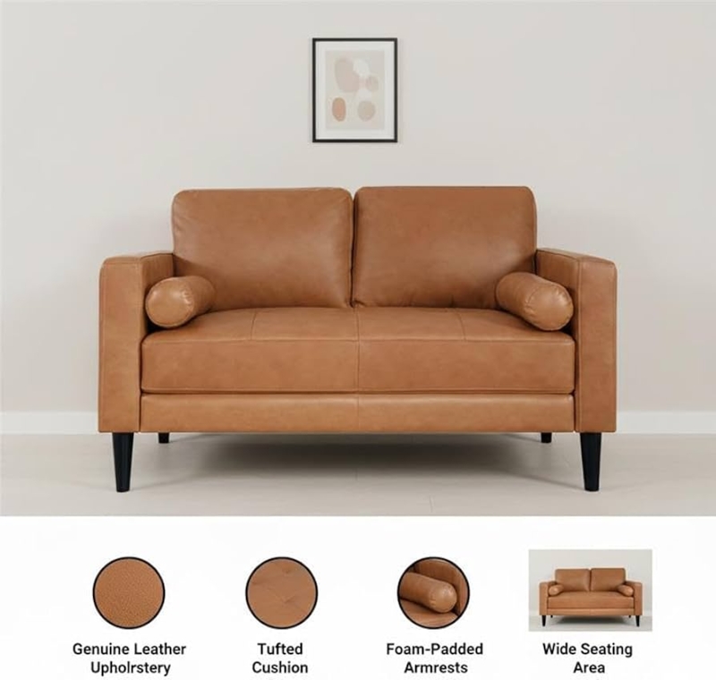 Tan Loveseat featuring Button Tufted Backrest and Splayed Wood Legs