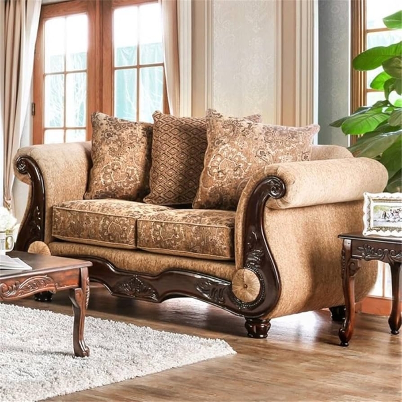 Tan Loveseat with Ornate Carved Apron and Tassels