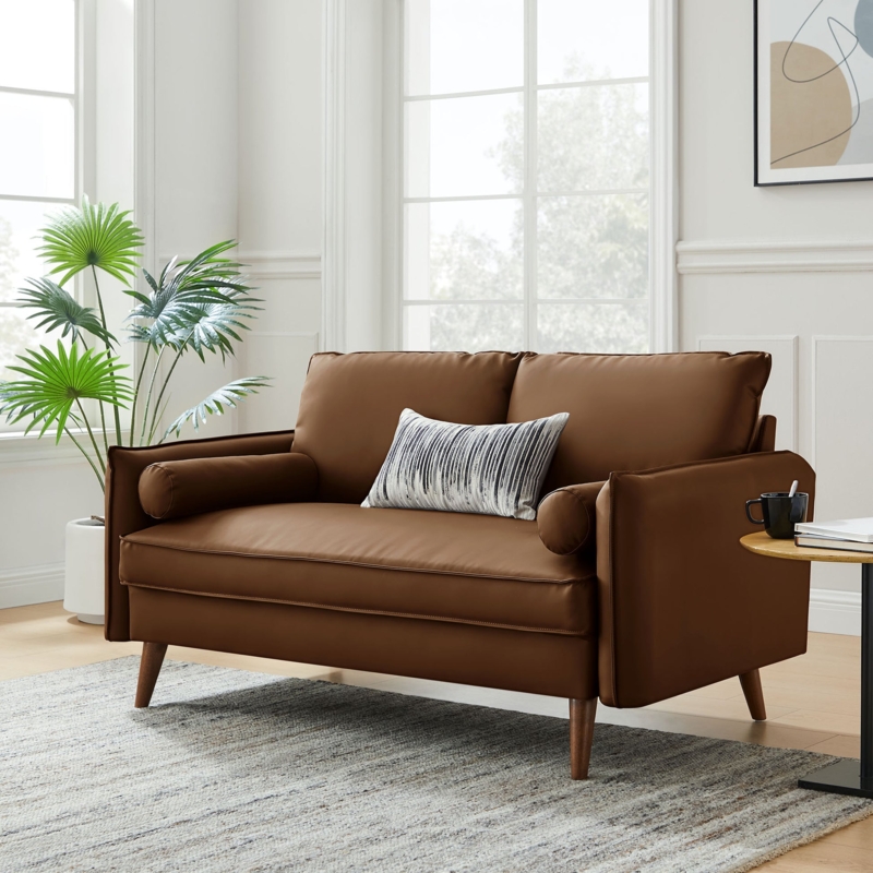 Tan Vegan Leather Loveseat with Black Metal Sled Base
