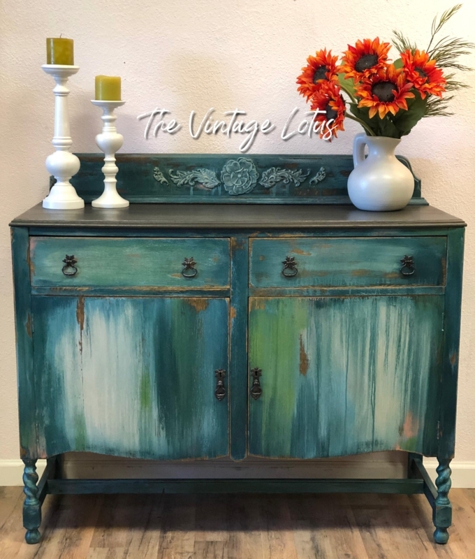 Teal Sideboard with Mirrored Fretwork Doors and Distressed Finish