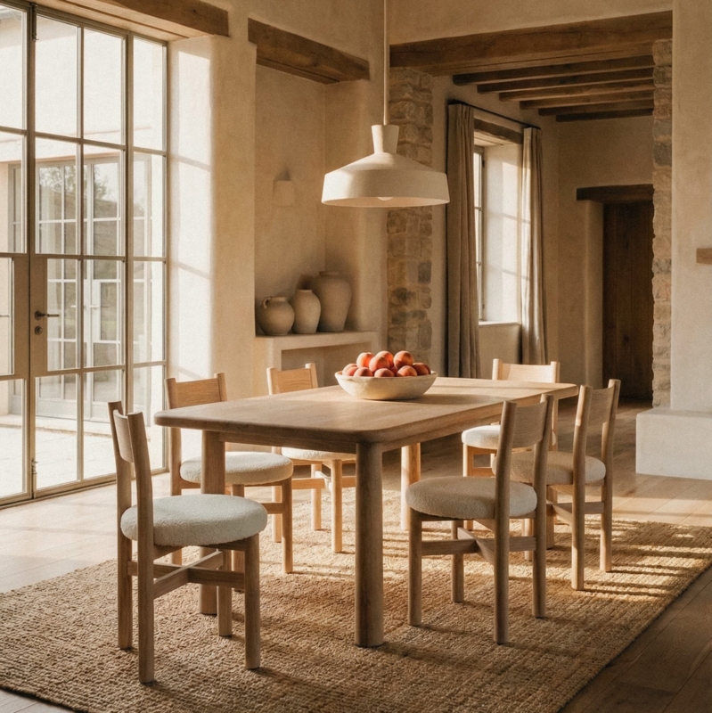 Teddy Dining Chair, Natural - Ivory Boucle Upholstery, Solid Wood Legs