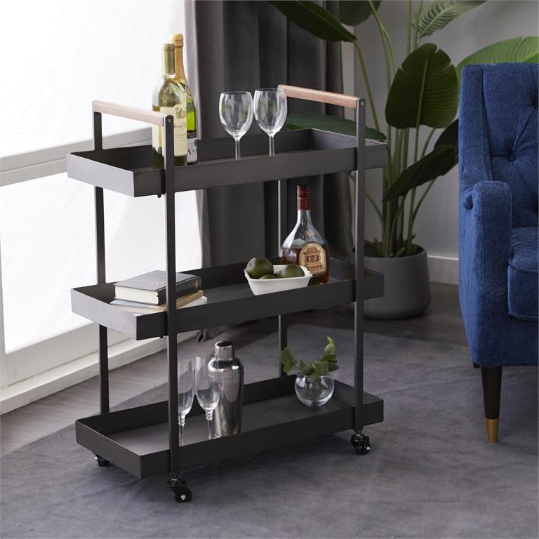 Three Tier Bar Cart Black Metal Frame Stone Like Shelves