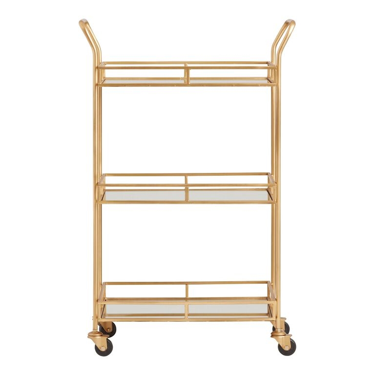 Three-Tier Bar Cart with Antique Brass Finish and Mirrored Shelves