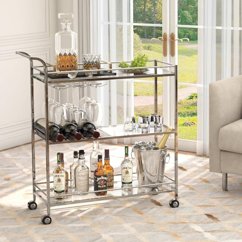 Three-Tier Bar Cart with Integrated Wine Rack and Stemware Holder