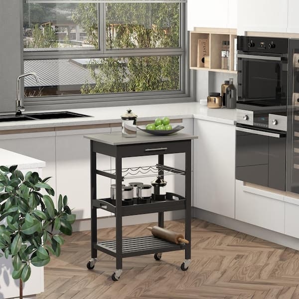 Three-Tier Black Rolling Kitchen Cart with Open Slatted Storage