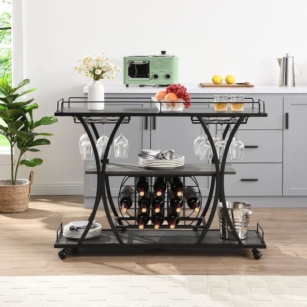Three-Tier Mobile Serving Cart, Matte Black Frame, Wood-Toned Shelves