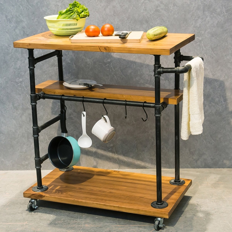 Three-Tier Wood and Metal Kitchen Island with Pipe Style Frame