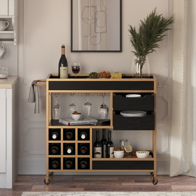 Three-Tier Wood Bar Cart with Curved Metal Frame and Caster Wheels