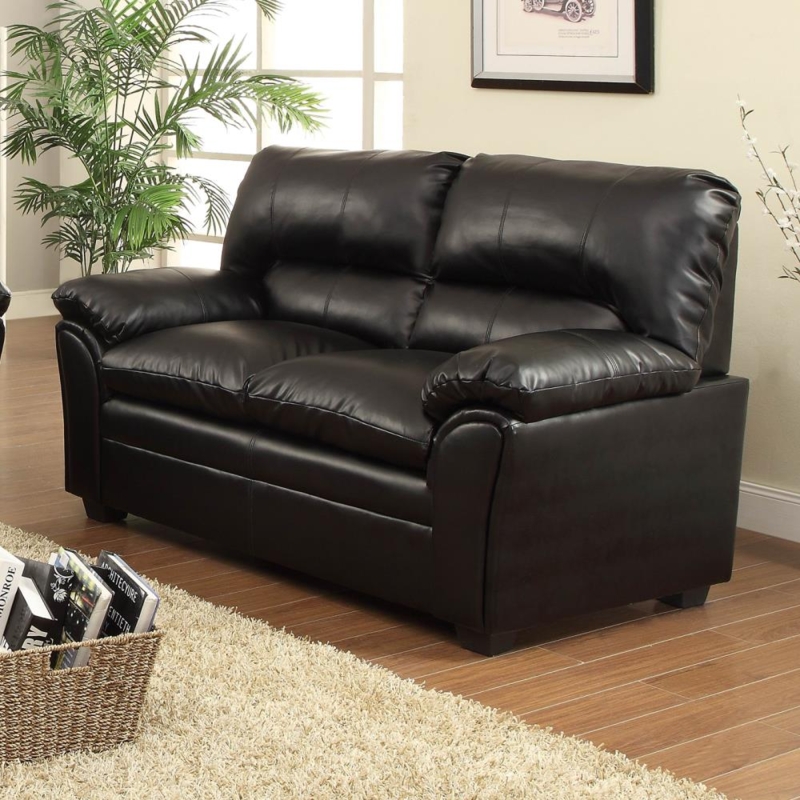 Track Arm Black Faux Leather Loveseat with Wood Legs
