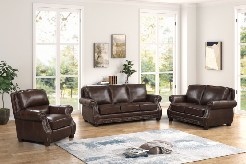 Traditional Brown Living Room Set, Rolled Arms, Brass Nailhead Trim