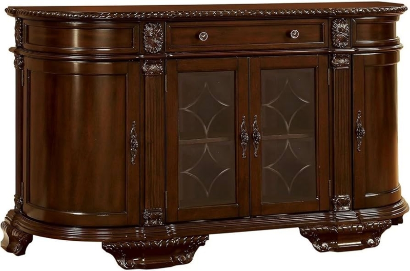Traditional Buffet Server in Dark Brown with Glass-Front Side Cabinets