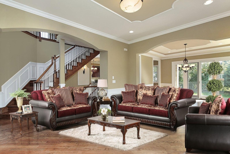 Traditional Burgundy Loveseat with Ornate Carved Wood Frame Details