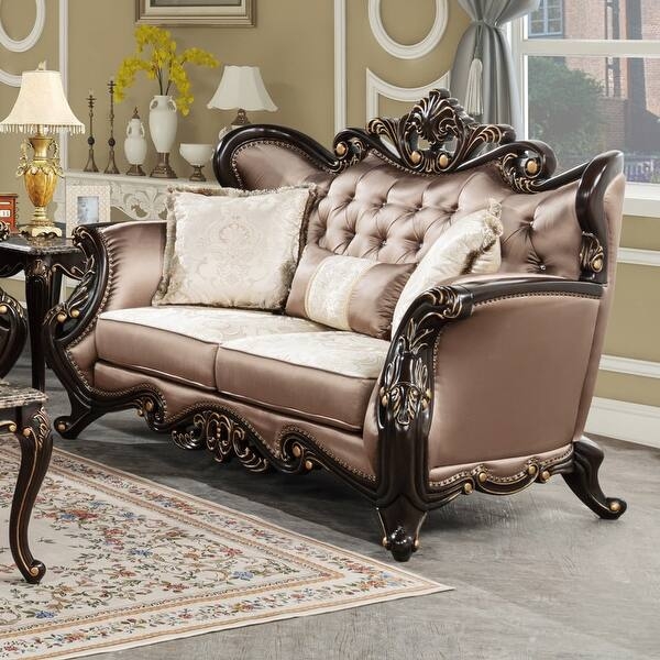 Traditional Camelback Loveseat with Ornate Carved Frame, Sandy Beige