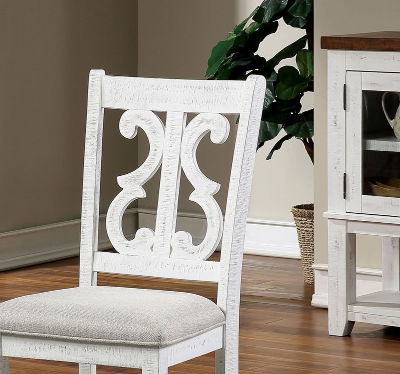 Traditional Dining Chair: Ornate Shield Back Distressed White Finish